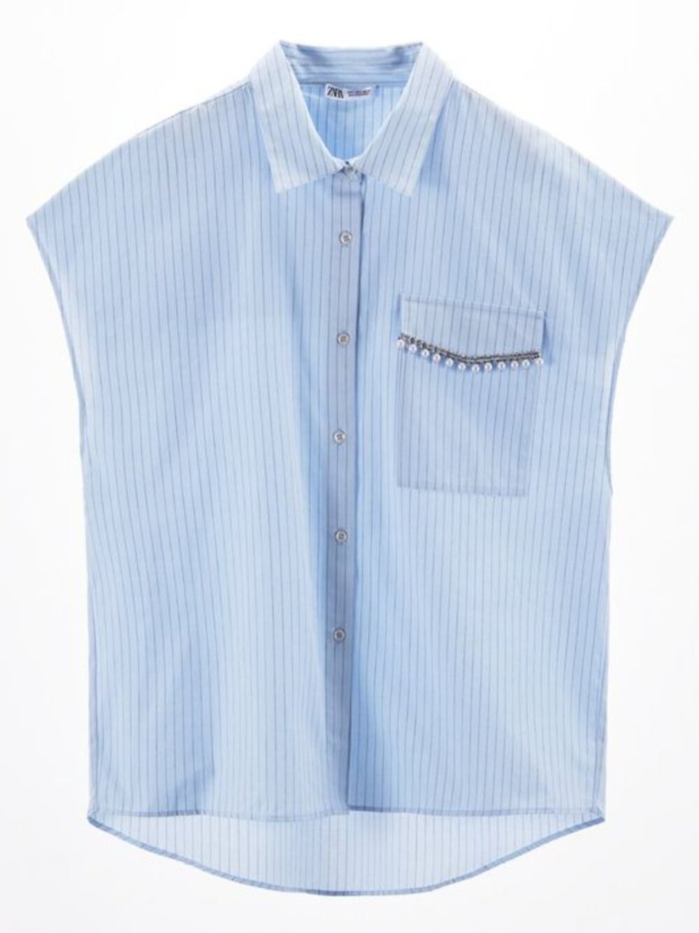Zara Embellished Pinstripe Button-Up Shirt – Blue & White – Size Large